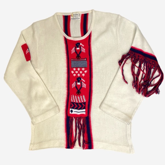 Vintage retro 70s Banff Menswear southwestern native print bird fringe sweater L - Picture 1 of 7